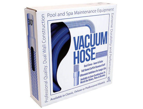 Box of vacuum hose for pool and spa maintenance on a white background