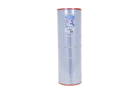 Cylindrical filter cartridge with a label on a white background